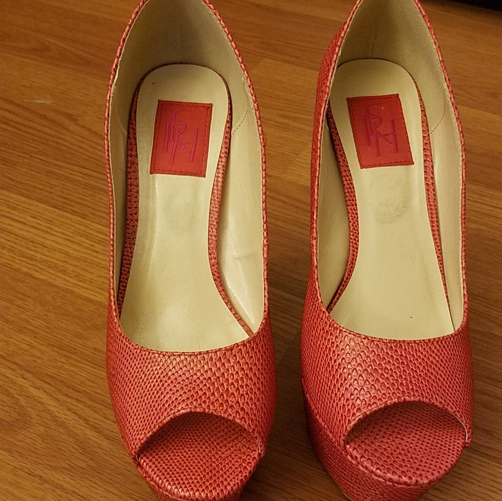 Red Coral Snakeskin Peep Toe Platform Pumps